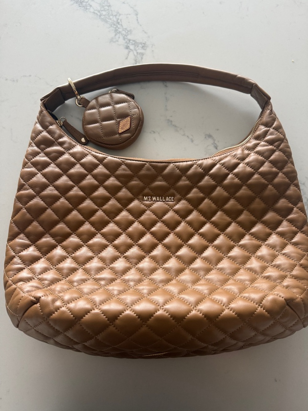 MZ Wallace Leather Quilted Hobo Bag in Caramel Brown